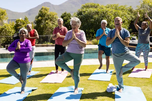 Happy Diverse Senior Friends Practicing Yoga Standing Sunny Garden Senior — Stock Photo, Image