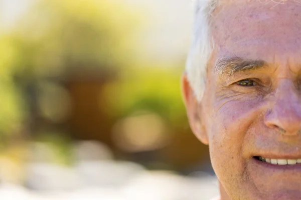 Mezzo Ritratto Felice Uomo Anziano Caucasico Sorridente Nel Giardino Soleggiato — Foto Stock