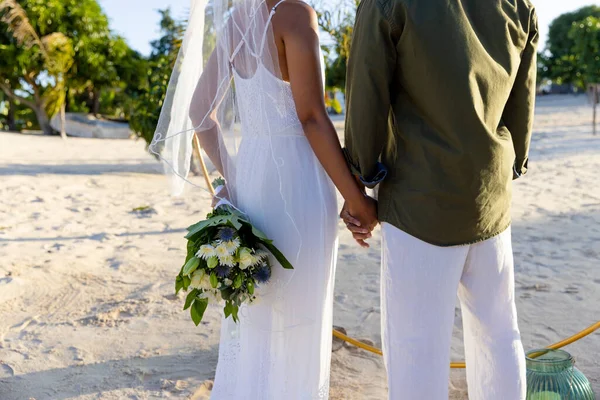 Midsection Caucasian Newlywed Couple Holding Hands Standing Beach Wedding Ceremony — Stock Photo, Image
