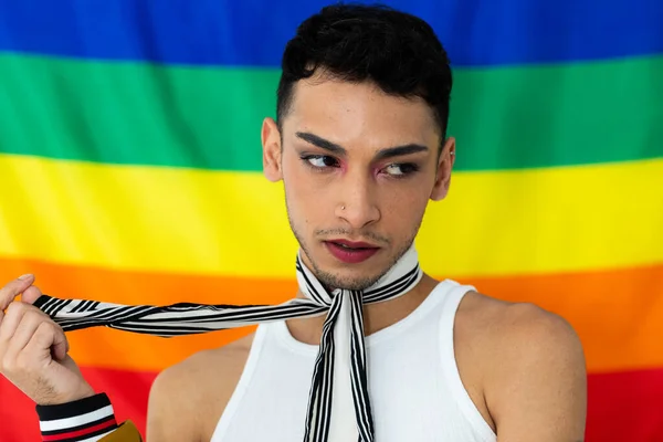Biracial Transgender Man Looking Away Rainbow Flag Background Gender Lgbtq — Stock Photo, Image