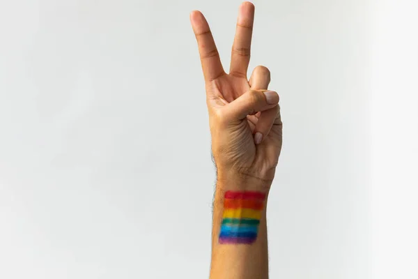 Close Hand Biracial Man Peace Sign Rainbow Flag White Background — Stock Photo, Image