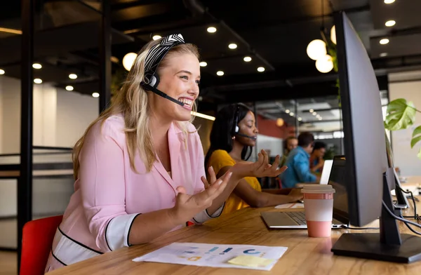 Happy Caucasian Casual Businesswoman Diverse Colleagues Using Computers Headsets Office — Stock Photo, Image