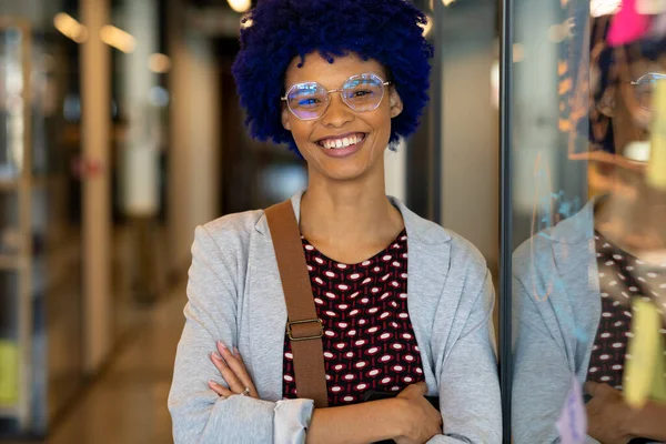 Portrait Happy Biracial Casual Businesswoman Blue Afro Smiling Office Corridor — Stock Photo, Image