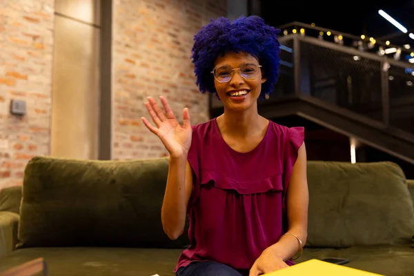 Happy Biracial Casual Businesswoman Blue Afro Making Video Call Waving — Stock Photo, Image