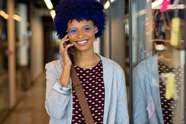 Portrait Happy Biracial Casual Businesswoman Blue Afro Talking Phone Office — Stock Photo, Image