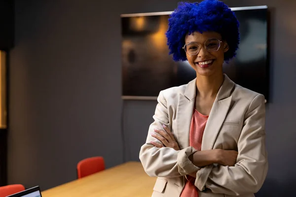 Portrait Happy Biracial Casual Businesswoman Blue Afro Smiling Office Casual — Stock Photo, Image