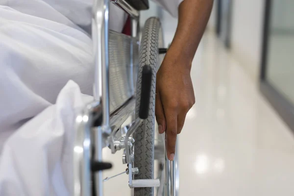 Close African American Female Patient Wearing Hospital Gown Sitting Wheelchair — Stock Photo, Image