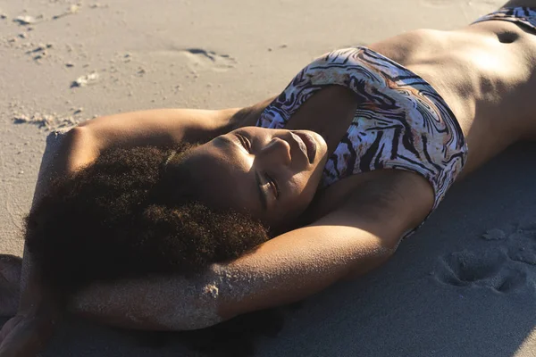 Happy African American Woman Bikini Sunbathing Sunny Beach Summer Relaxation — Stock Photo, Image