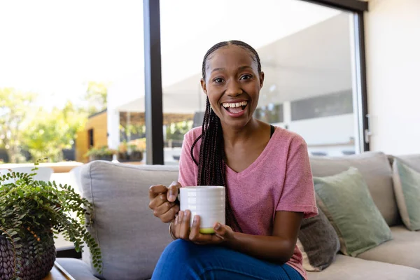 Happy African American Woman Making Video Call Living Room Lifestyle — Stock Photo, Image
