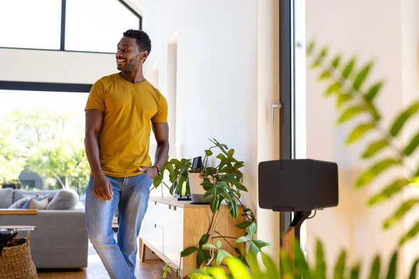 Happy African American Man Standing Smiling Looking Away Sunny Living — Stock Photo, Image