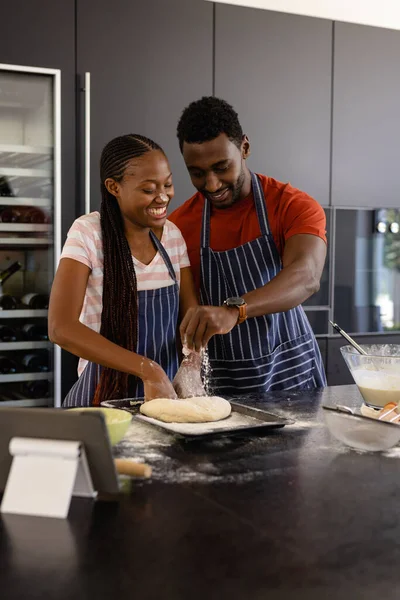 Happy African American Couple Aprons Preparing Bread Dough Kitchen Food — Stock Photo, Image