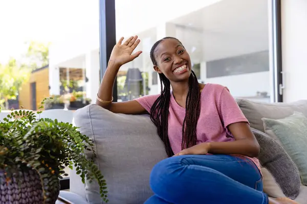 Happy African American Woman Making Video Call Waving Living Room — Stock Photo, Image