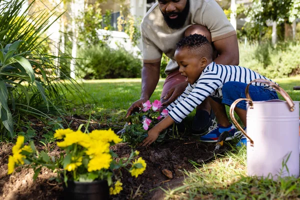 African American Father Assisting Son Planting Fresh Flowers Field Backyard — Stock Photo, Image