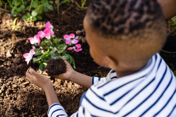 Afro Amerikan Çocuğun Arka Bahçedeki Toprağa Taze Pembe Çiçekler Dikerken — Stok fotoğraf