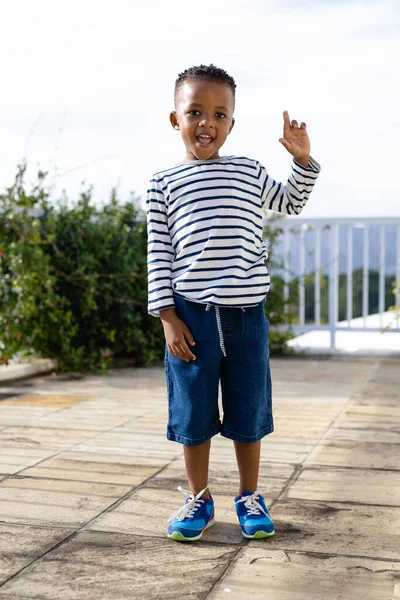 Portrait Happy African American Boy Staying Sunny Terrace Lifestyle Nature — Stock Photo, Image