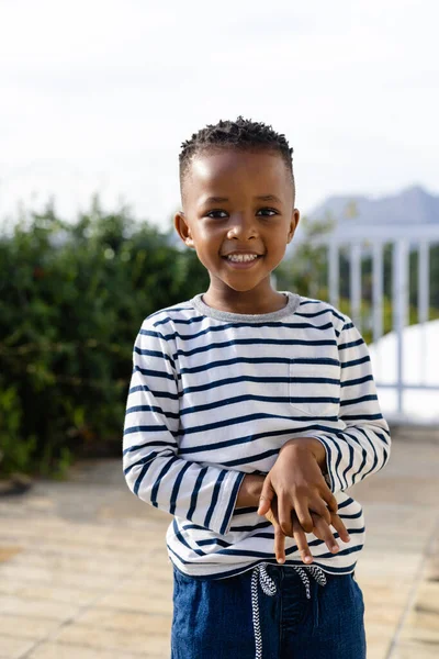 Portrait Happy African American Boy Staying Sunny Terrace Lifestyle Nature — Stock Photo, Image
