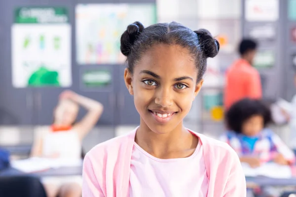 Portrait Smiling Biracial Schoolgirl Classroom Copy Space Education Inclusivity Elementary — Stock Photo, Image