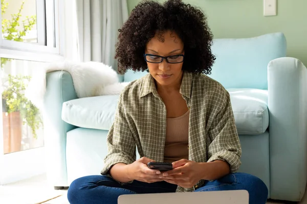 Biracial Woman Using Smartphone Laptop Sitting Floor Bedroom Lifestyle Communication — Stock Photo, Image