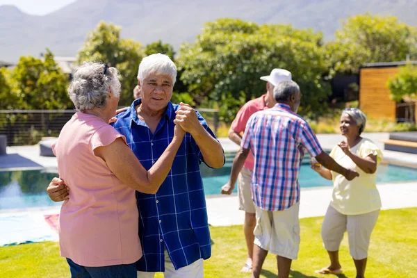 Happy Senior Diverse People Dancing Together Smiling Garden Senior Lifestyle — Stock Photo, Image