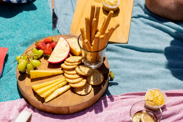 Close Blue Blankets Food Cutting Boards Picnic Free Time Drink — Stock Photo, Image