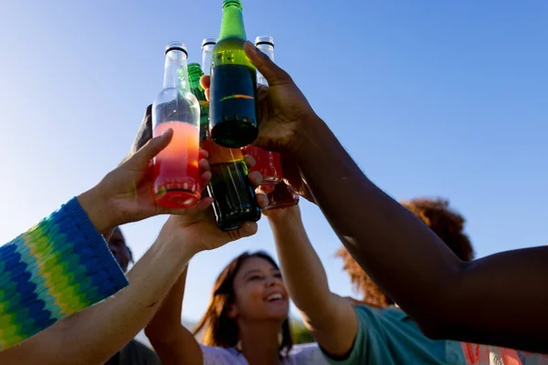 Mutlu Bir Grup Arkadaş Parti Veriyor Bira Içiyor Bahçede Tost — Stok fotoğraf