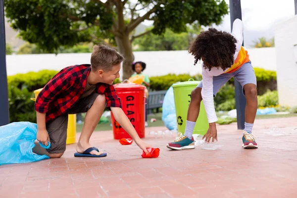 Happy Diverse Schoolchildren Cleaning Recycling Waste School Education Inclusivity Elementary — Stock Photo, Image