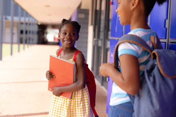 Happy African American Schoolchildren Standing Next Locker School Education Childhood — Stock Photo, Image