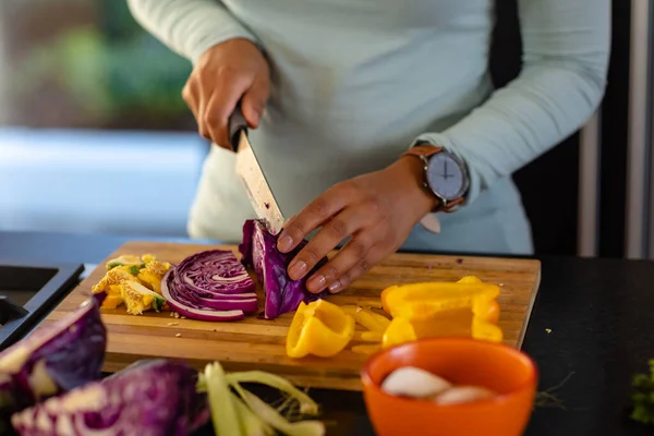 Mid Section Biracial Woman Chopping Vegetables Kitchen Cooking Food Healthy — Stock Photo, Image