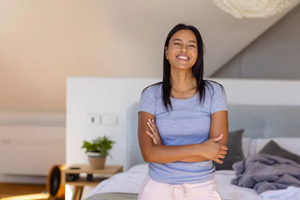 Portrait Happy Biracial Woman Beige Wall Bedroom Lifestyle Domestic Life — Stock Photo, Image