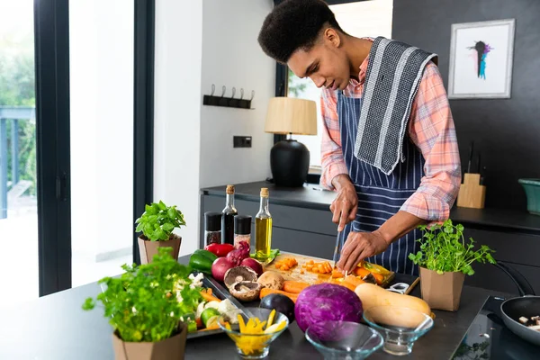 快乐的男人穿着围裙做饭 在阳光明媚的厨房里切蔬菜 复制空间 健康的生活方式和家庭生活 — 图库照片