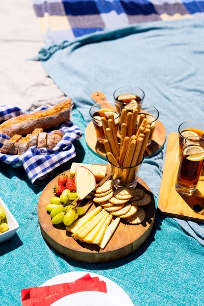 Close Blue Blankets Food Cutting Boards Plates Picnic Free Time — Stock Photo, Image