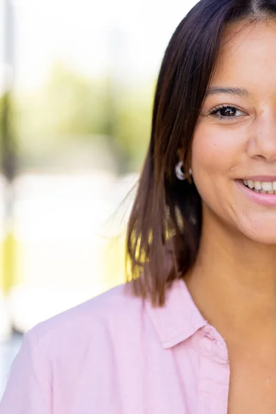 Portrait Happy Biracial Woman Looking Camera Smiling Copy Space Lifestyle — Stock Photo, Image