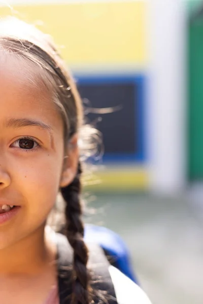 Vertical Half Face Portrait Smiling Cauasian Elementary Schoolgirl Schoolyard Copy — Stock Photo, Image