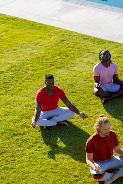 Çeşitli Arkadaşlar Yoga Yapıyor Bahçede Meditasyon Yapıyor Fotokopi Çekiyor Arkadaşlık — Stok fotoğraf