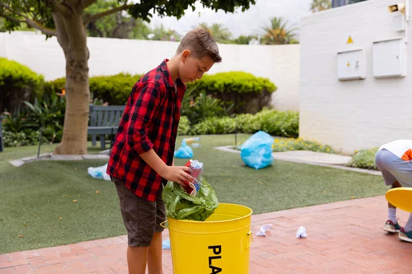 Happy Caucasian Schoolboy Cleaning Recycling Waste School Education Elementary School — Stock Photo, Image