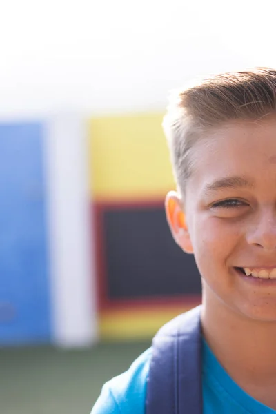 Vertical Half Face Portrait Smiling Caucasian Elementary Schoolboy Schoolyard Copy — Stock Photo, Image