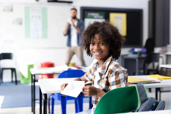 Smiling African American Schoolboy Desk Elementary School Classroom Copy Space — Stock Photo, Image