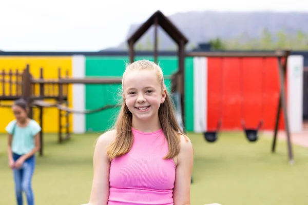 Portrait Smiling Caucasian Schoolgirl Schoolyard Copy Space Education Inclusivity Elementary — Stock Photo, Image