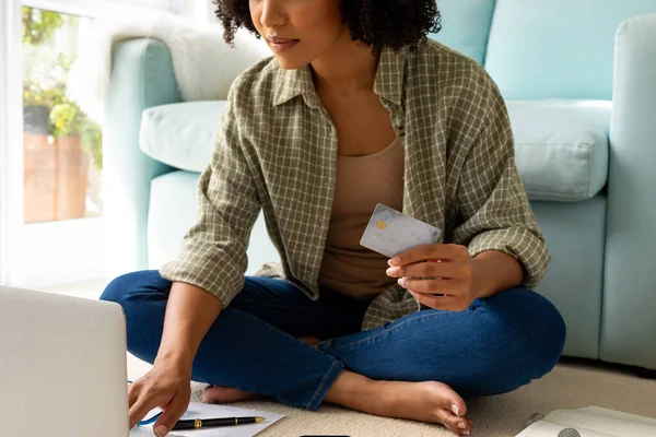 Mid Section Biracial Woman Using Laptop Credit Card Sitting Floor — Stock Photo, Image