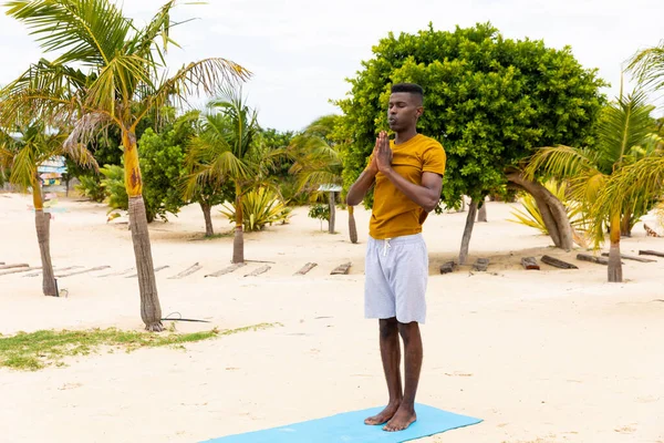 Biracial Man Eyes Closed Practicing Yoga Meditation Standing Sunny Beach — Stock Photo, Image
