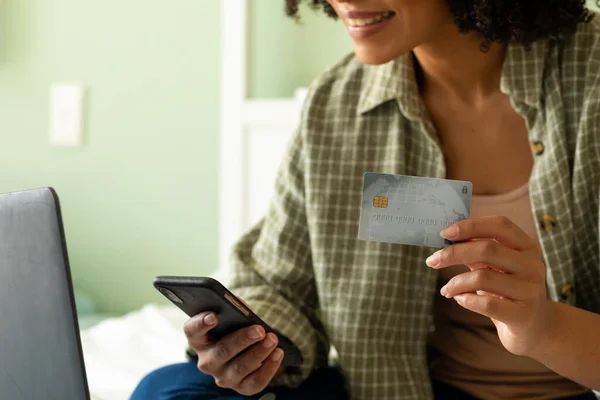 Mid Section Happy Biracial Woman Using Laptop Smartphone Credit Card — Stock Photo, Image
