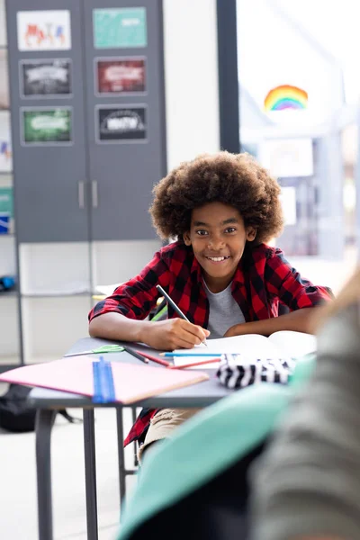 Vertical Portrait Smiling African American Boy Afro Working Desk Classroom — Stock Photo, Image