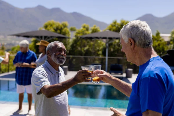 快乐的老年人参加聚会 在花园里敬酒 老年生活方式 友谊和放松 — 图库照片