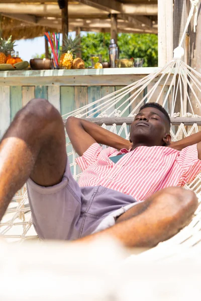 Relaxed Biracial Man Lying Hammock Eyes Closed Sunny Beach Bar — Stock Photo, Image