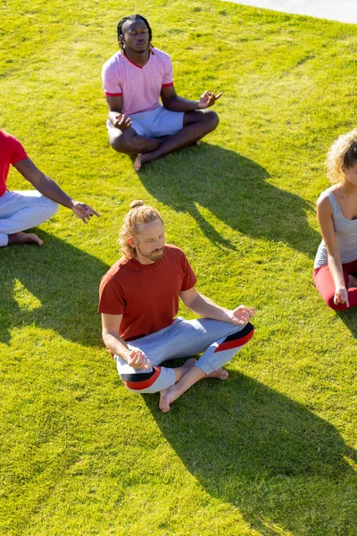 Yoga Yapan Bahçede Meditasyon Yapan Bir Grup Arkadaş Arkadaşlık Sağlıklı — Stok fotoğraf