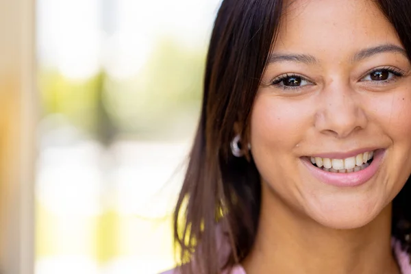 Portrait Happy Biracial Woman Looking Camera Smiling Copy Space Lifestyle — Stock Photo, Image