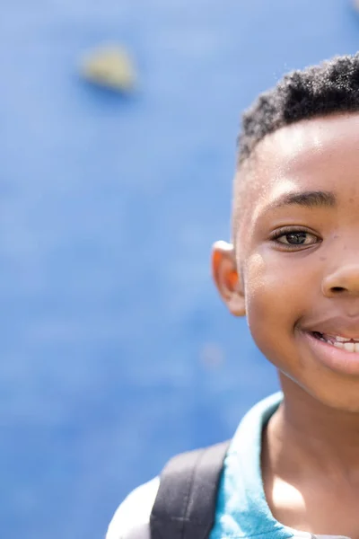Vertical Half Face Portrait Smiling African American Boy Elementary Schoolyard — Stock Photo, Image