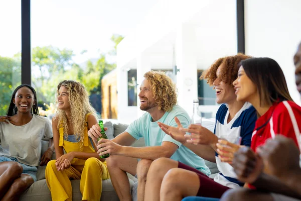 Group Happy Diverse Friends Sitting Sofa Watching Sport Lifestyle Friendship — Stock Photo, Image