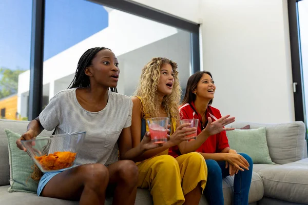 Group Excited Diverse Female Friends Sitting Sofa Watching Sport Lifestyle — Stock Photo, Image