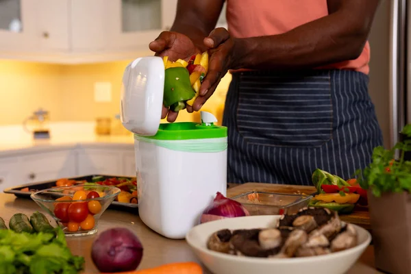 Midsection African American Man Composting Vegetable Waste Kitchen Lifestyle Food — Stock Photo, Image
